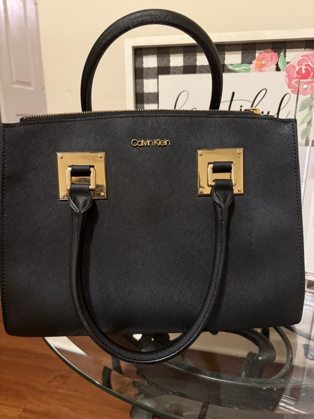 Calvin Klein Black Leather Satchel with Gold Accents